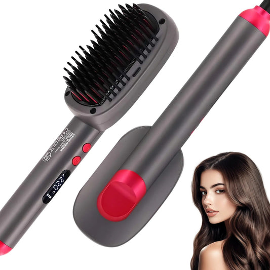 Hair Straightener Brush With Keratin Ceramic Coating, Negative Ion Straightening Brush, Dual Voltage Hot-air Hair Brush - Black