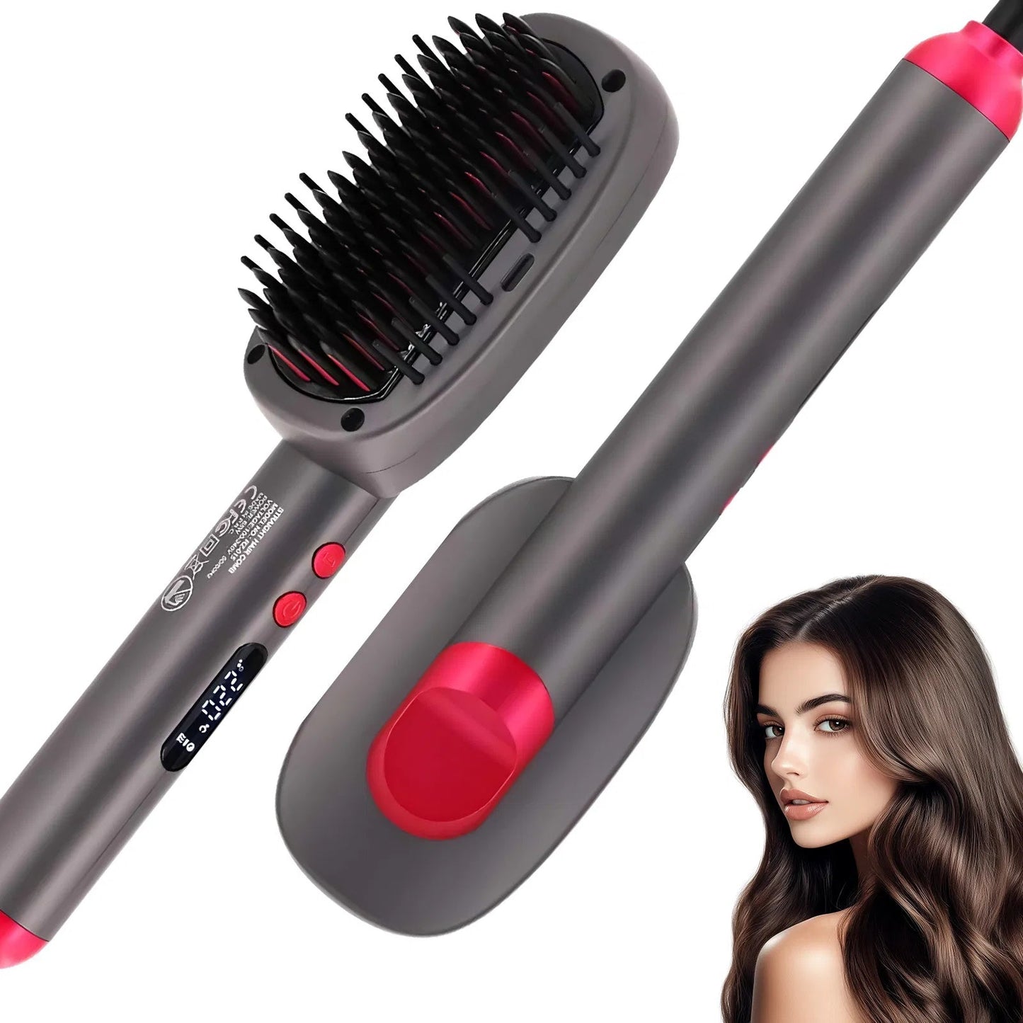 Hair Straightener Brush With Keratin Ceramic Coating, Negative Ion Straightening Brush, Dual Voltage Hot-air Hair Brush - Black