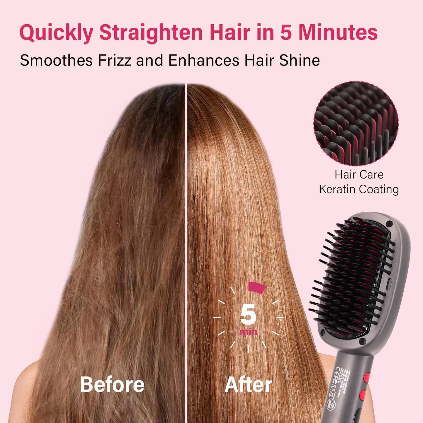 Hair Straightener Brush With Keratin Ceramic Coating, Negative Ion Straightening Brush, Dual Voltage Hot-air Hair Brush - Black