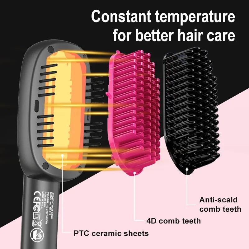 Hair Straightener Brush With Keratin Ceramic Coating, Negative Ion Straightening Brush, Dual Voltage Hot-air Hair Brush - Black