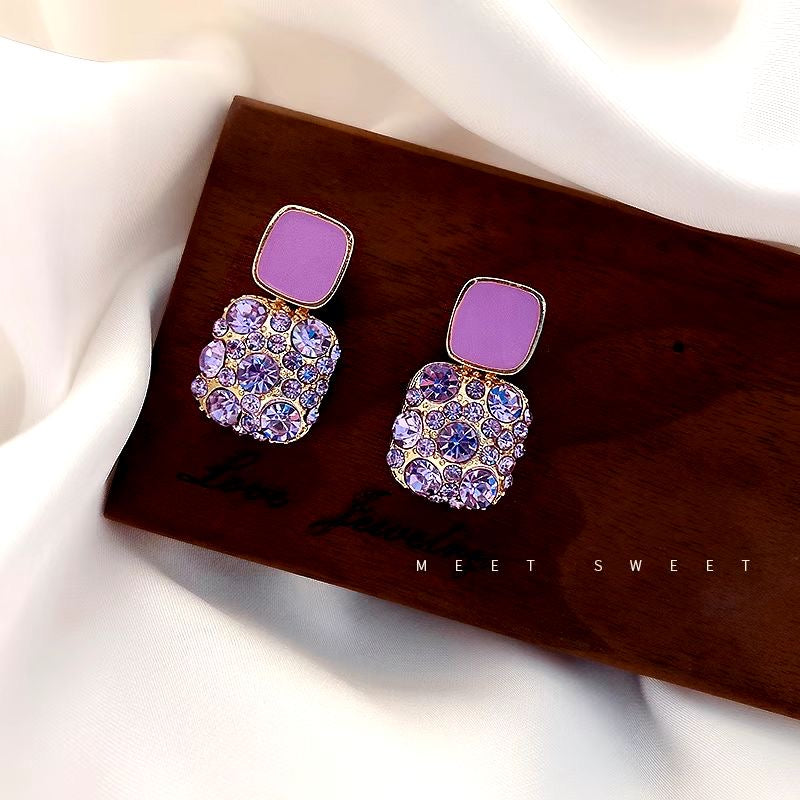 S925 Silver Retro Purple Square Diamond Earrings
