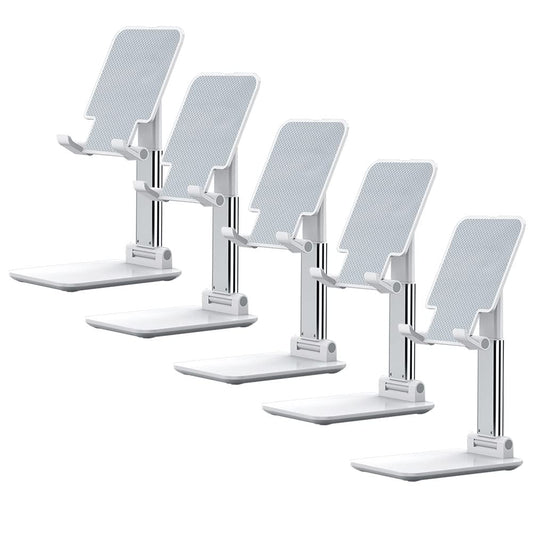 OGMAPLE Phone Holder for Desk 5 Pack MT-6 Cell Phone Stand for Desk Universal Cellphone Stand Holder Foldable & Height Adjustable Compatible Under 8” Device White…