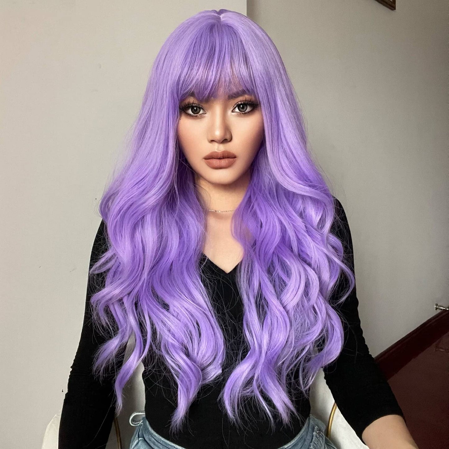 Baruisi Long Purple Wig with Bangs Light Purple Wavy Wigs for Women Synthetic Heat Resistant Cosplay Party Hair Wig