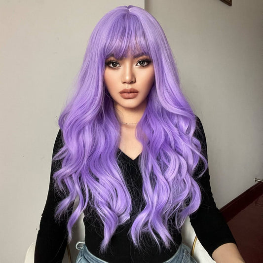 Baruisi Long Purple Wig with Bangs Light Purple Wavy Wigs for Women Synthetic Heat Resistant Cosplay Party Hair Wig