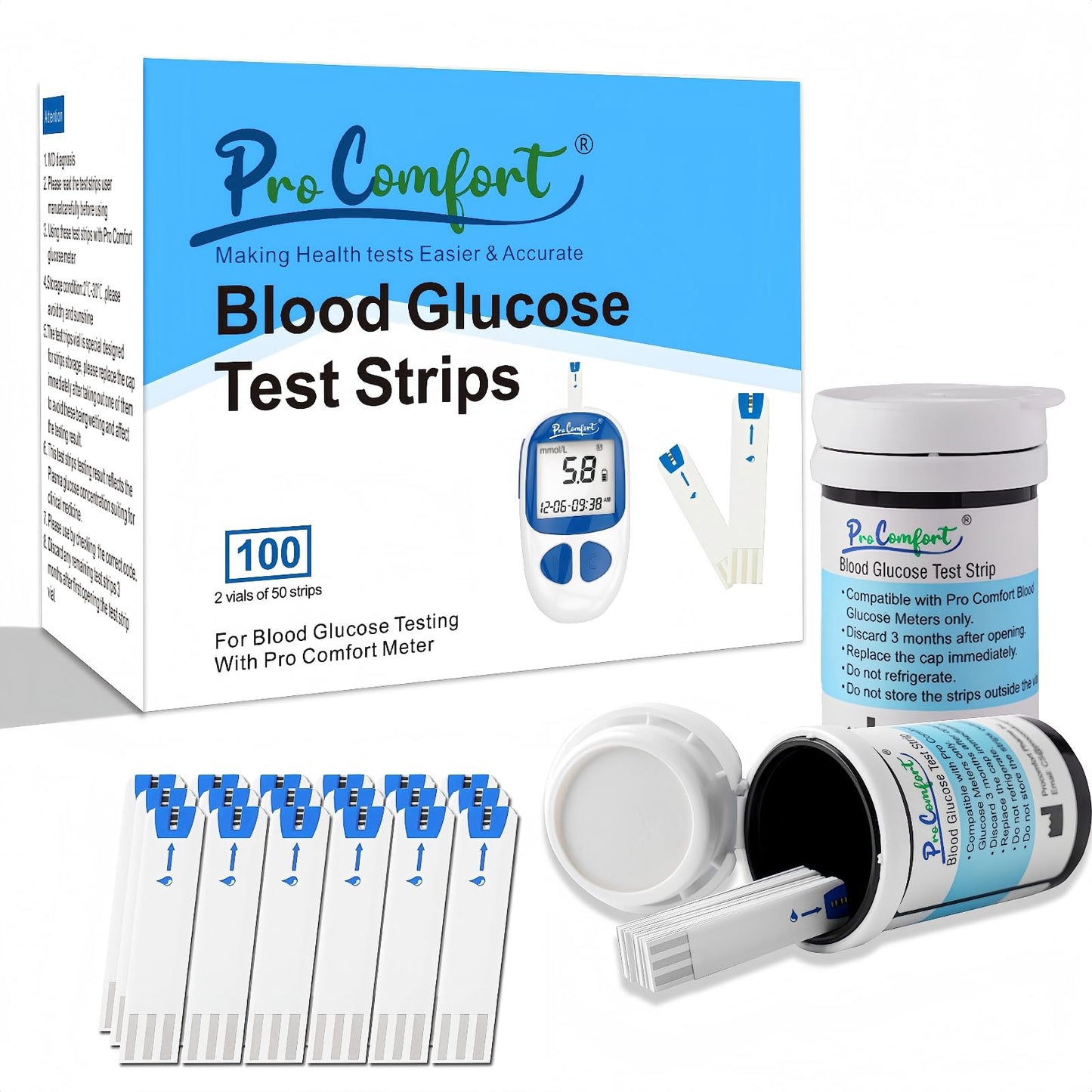 Pro Comfort Blood Glucose Test Strips for Diabetes 100 Count Blood Sugar Test Strip Used with Pro Comfort Glucose Monitor Only No Coding